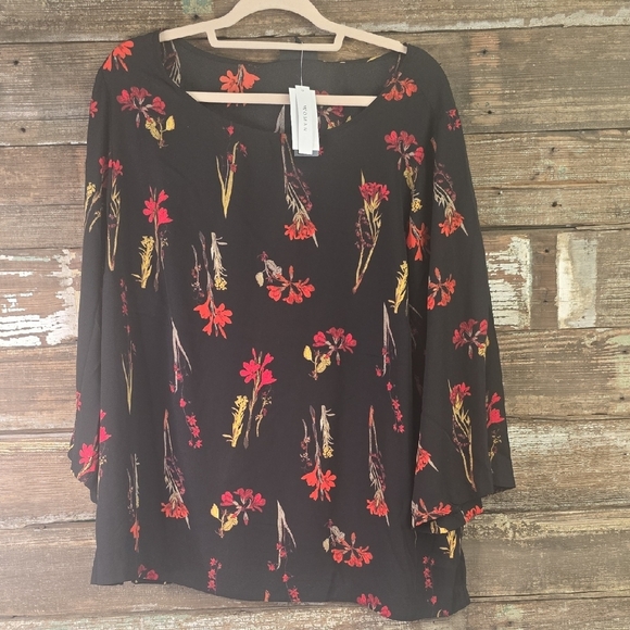 Premise Black Blouse with Red and Yellow Floral Design, Size 2X, NWT - Picture 1 of 4